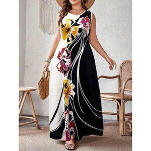 Plus Size Floral Printed Round Neck Sleeveless Casual Summer Dress Maxi Women